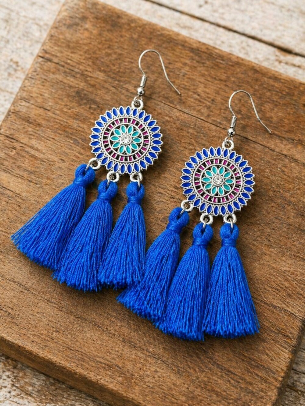 Bohemian Flower Tassel Fringe Drop Earrings Blue - Picture 5 of 6